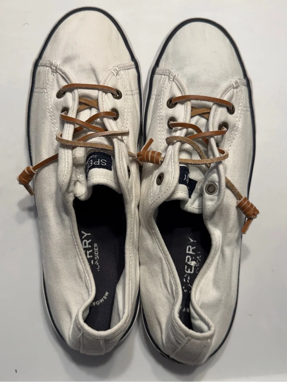 Sperry Womens White Canvas Boat Shoes with Brown Leather Laces 10
